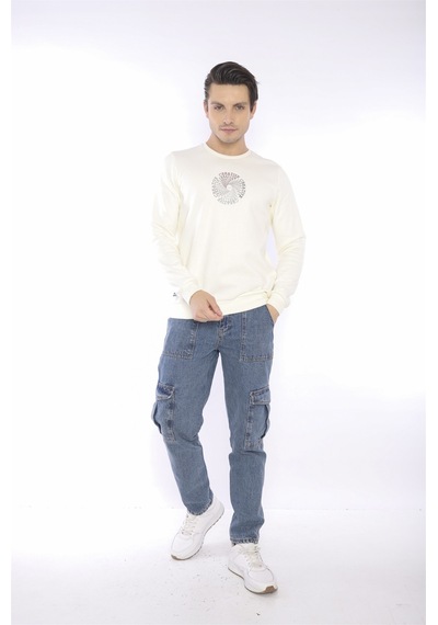 Escetic Erkek Spor Slimfit, Bisiklet Yaka Ekru Sweatshirt-4261 Ekru