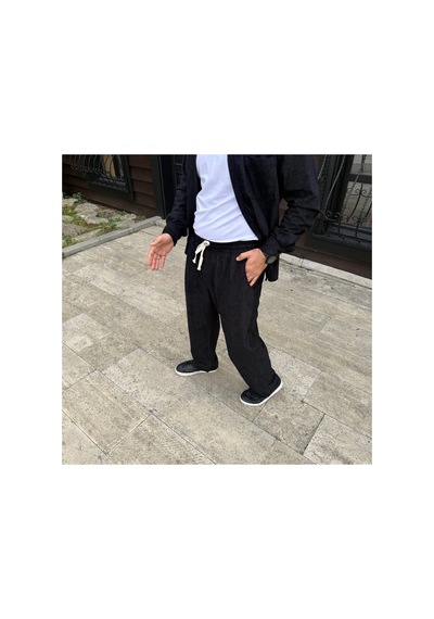 Erkek Fitilli Kadife Cepli Buggy Pantolon Oversize Rahat Kalıp - Siyah