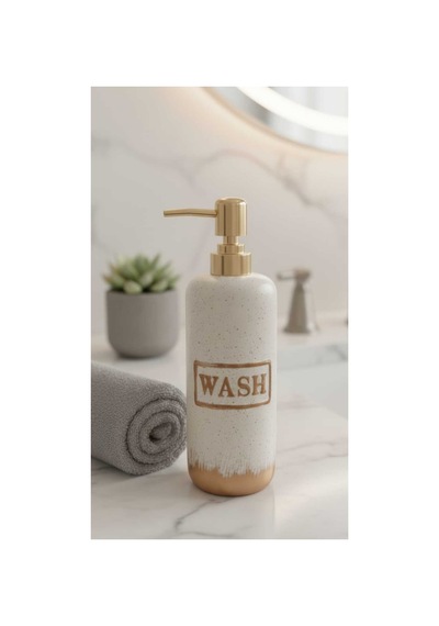 Porselen Wash Yazılı Altın Kapaklı Sıvı Sabunluk Şık Modern Banyo Aksesuar Krem - 777968624 Krem