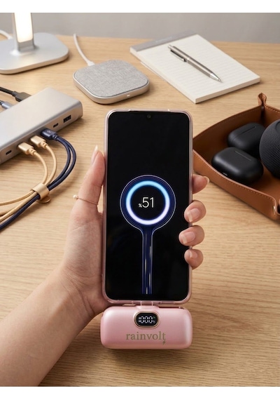 Rainvolt Mini Kapsül Powerbank Led Dijital Göstergeli & Dahili Kablolu Taşınabilir Şarj Cihazı Pembe