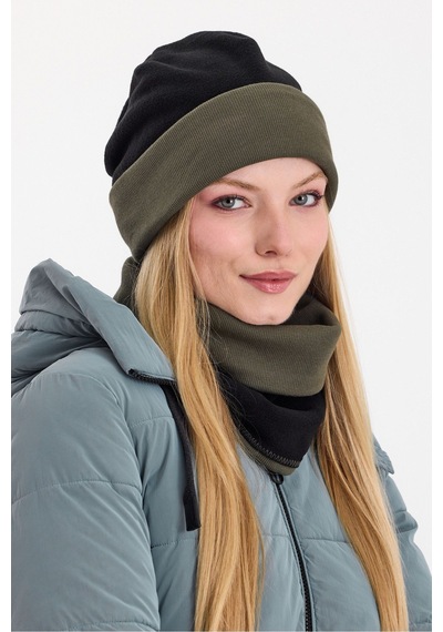 Butikgiz Kadın Dış Kısım Polar, İç Kısım Kaşkorse Pamuklu, Çift Renk, Çift Kat, Katlanabilir Bere Boyunluk Set Siyah-haki