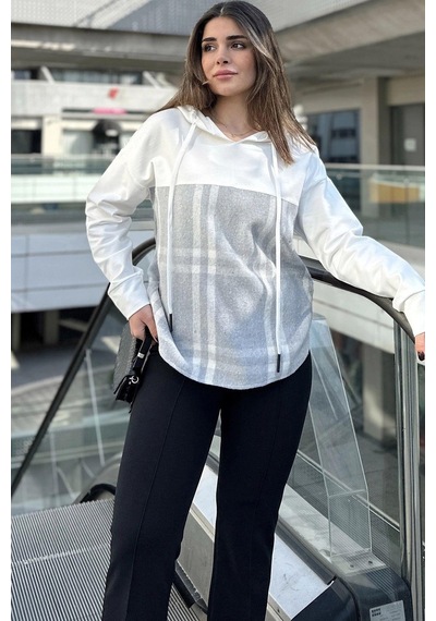 Kadın Ekru & Gri Ekose Garnili, Rahat Kesim, Kapüşonlu İki İplik Sweatshirt Gri