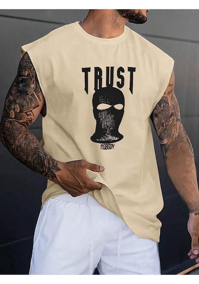 Trust Baskılı Oversize Unisex Kolsuz Tişört Taş