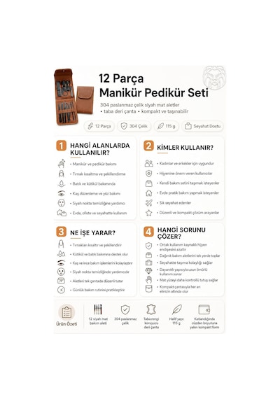 Tr 12 Parça Paslanmaz Çelik Manikür Pedikür Seti, Tırnak Makası, Törpü, Cımbız, Kütikül Aleti, Siyah Mat, 11