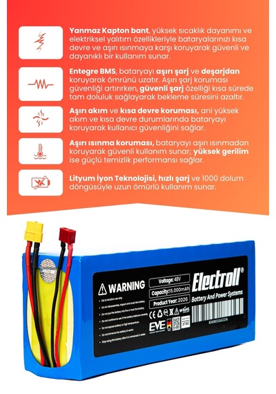 Onvo Ov-011 Uyumlu Batarya Yüksek Kapasite Batarya 48v 15ah Pil Elektrikli Scooter Bataryası Mavi
