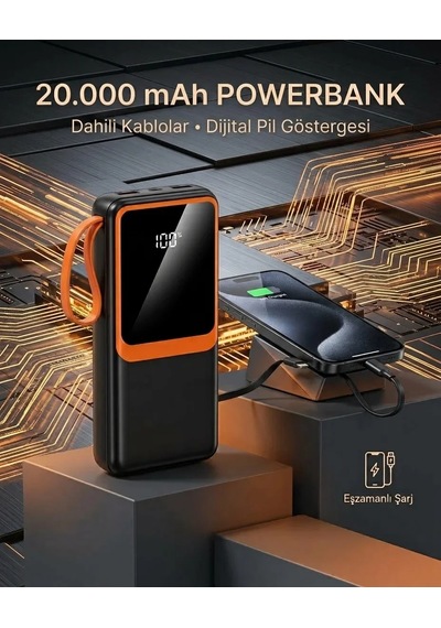 20000 Mah Yüksek Kapasiteli Powerbank Dahili Kablolu Dijital Göstergeli Taşınabilir Şarj Cihazı Çok Renkli