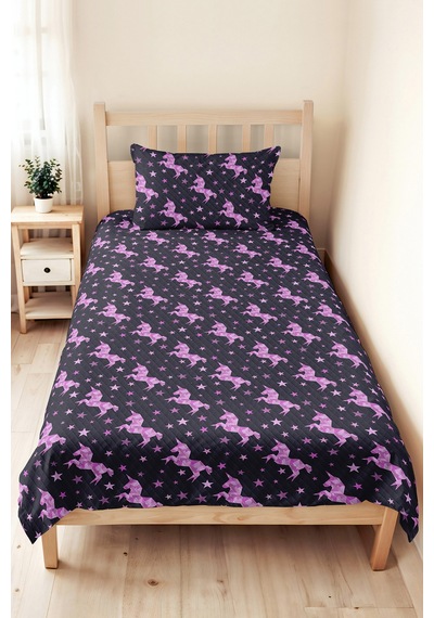 Evimde Bambaşka Unicorn Yıldızlı Antrasit Kız Çocuk Pike Takımı - Pembe Mor Bebek Odası Yatak Örtüsü - 160x220  CM