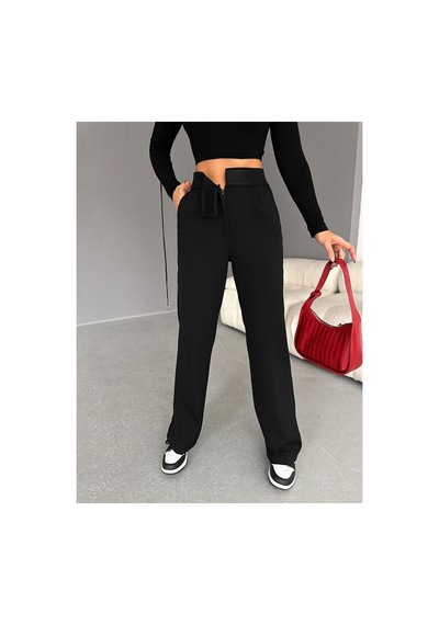 Çınar Boutique Cırt Cırt Detaylı Pantolon Siyah Siyah