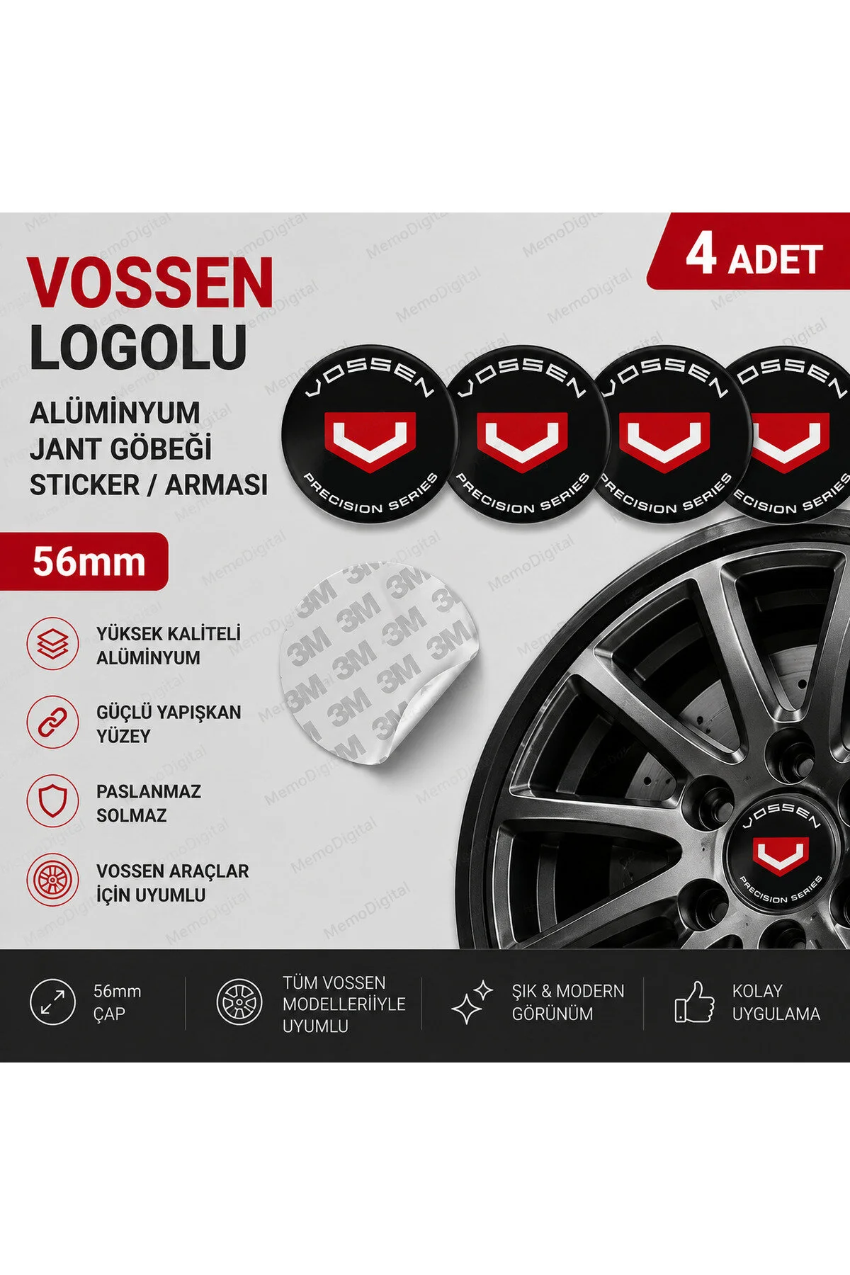 Vossen Logolu Alüminyum Jant Göbeği Arması Sticker 56mm - 4 Adet