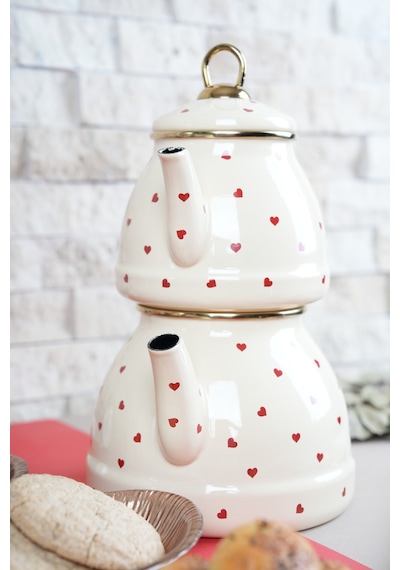 Lady Chef Kalp Desenli Emaye Çaydanlık Takımı