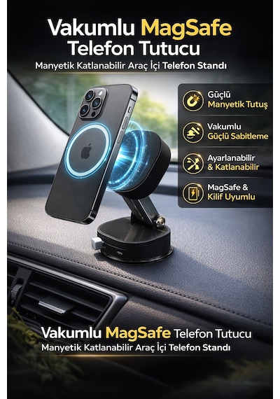 Mega Oto Market Vakumlu Magsafe Telefon Tutucu Manyetik Katlanabilir Araç İçi Telefon Standı