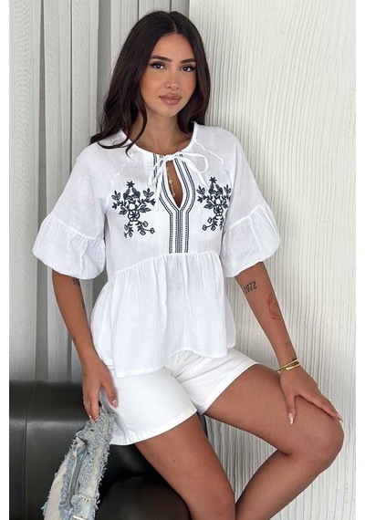 Noa & Noa Kadın Nakış Detaylı Bağlamalı Peplum Gömlek Summer Bloom Beyaz
