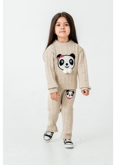 Babyhola 1-5 Yaş Kız Çocuk Panda Desenli Saç Örgü Kışlık Triko Takım 23217 Bej