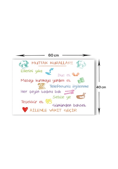 Decorita Renkli Mutfak Kuralları  Cam Ocak Arkası Beyaz  40x60cm