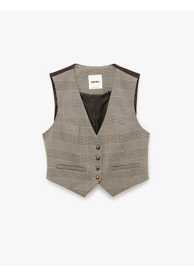 Koton Kruvaze Düğmeli Ekose Crop Blazer Yelek Kahverengi Ekose 6sak20062ew Kahverengi