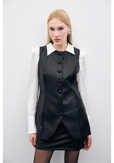 Sateen Uzun Deri Yelek - Siyah-135504 Siyah