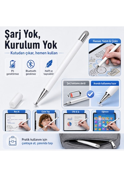 Honor Pad 9 İle Uyumlu Çift Uçlu Dokunmatik Kalem Disk Fiber Uç Beyaz