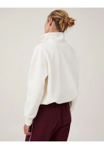 Kadın 3 İplik Pamuklu Oversize Yarım Fermuarlı Yakalı Basic Sweatshirt - Beyaz