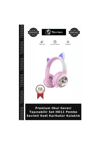 Premium Okul Gereci Taşınabilir Set Hd11 Pembe Sevimli Kedi Karikatür Kulaklık