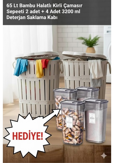 Mega Set 2 Adet 65 Lt Kirli Çamaşır Sepeti & 4 Adet 3200 Ml Deterjan Saklama Kabı Hediyeli Beyaz - 786905809 Beyaz