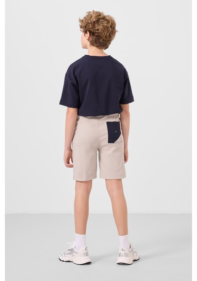 Lacivert-taş Pamuklu Oversize Fit Dokuma Hafif Esnek Chino Erkek Çocuk Şort Takım - 11278 Lacivert