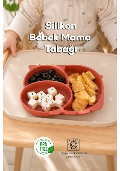Porsima Mys34005-1 Silikon 3 Bölmeli Kaymaz Bebek Mama Tabağı Kiremit 14 21cm