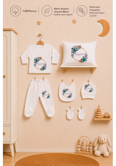 Pia Baby Kız Bebek 7 Parça Hastane Çıkışı Seti %100 Pamuk Kişiye Özel İsimli Zıbın Set 1026zyb3x Ekru