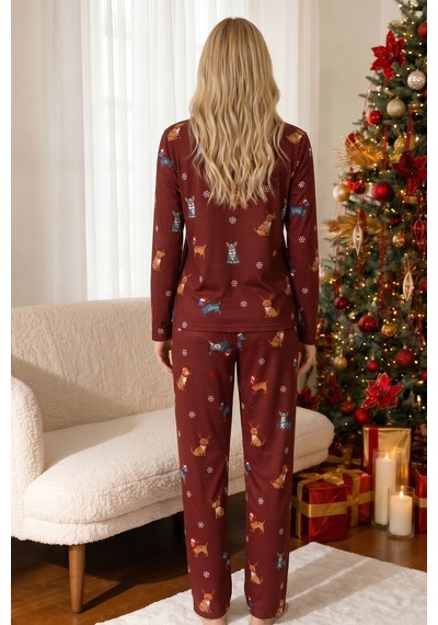 Siyah İnci Yılbaşı Temalı Desenli Termal Kumaşlı Ultra Soft Yumuşak Örme Pijama Takımı 26226904 Bordo