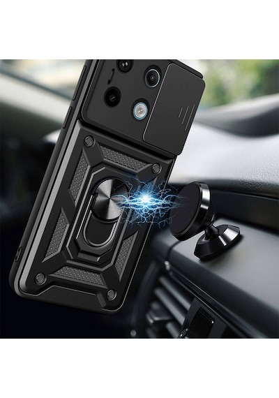 Xiaomi Redmi Note 13 Pro 5g Kılıf Sürgülü Kamera Koruyucu Manyetik Standlı Tank Koruma Pazarplus Siyah