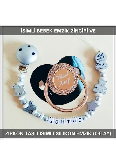 Sahi Aksesuar İsimli Emzik Zinciri Ve İsimli Silikon Emzik 0-6 Ay Bezyı522 Mavi