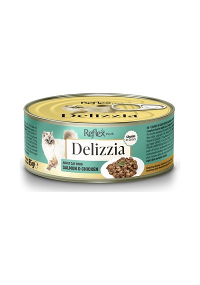 Plus Delizzia / Sos İçinde Parça Etli Somonlu & Tavuklu Yetişkin Kedi Maması 85g X 24 Adet