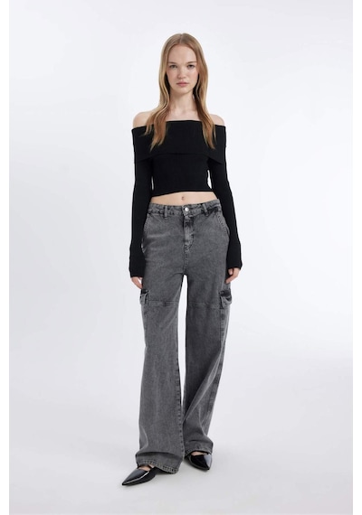 Defacto Coool Slim Fit Dar Kesim Açık Omuz Basic Düz Triko Kazak B6537AX24WNBK56 Siyah