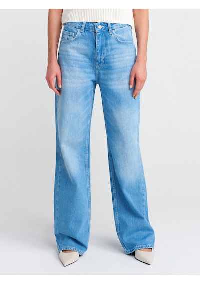 Dilvin 71775 Kalın Kumaş Geniş Straight Denim Pantolon Mavi