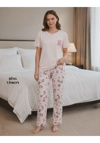 Mihra Kadın Ring Viskon Düğmeli Yaka Kısa Kol Likralı Pijama Takımı 40112p - 1 Adet Pembe