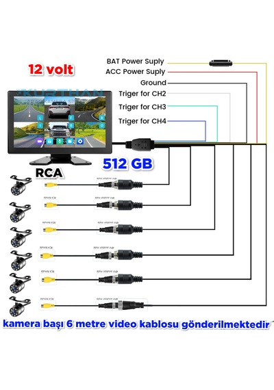 10 İnç 6 Ch 512 Gb Dokunmatik Usb Bsd Dvr Ekran Ahd 720p Rca Beyaz Ledli Kelebek Kamera 12 Volt