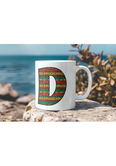D Harfi Etnik Desenli Kupa - Afrika Tarzı Kahve Çay Kupası - Hediyelik - Black History Beyaz