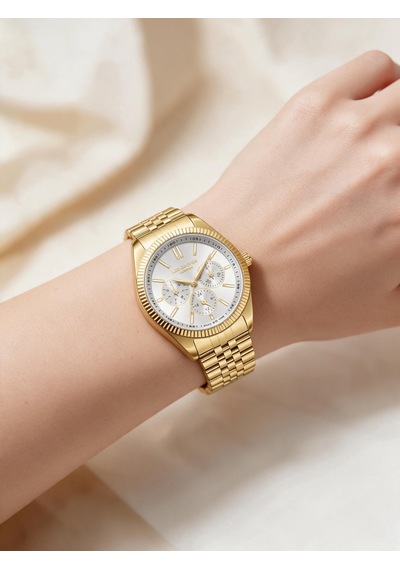 Lee Cooper Altın Sarısı Çelik Bilezik 34 Mm Yuvarlak Kadın Kol Saati, Taşlı Bileklik Hediyeli Gold