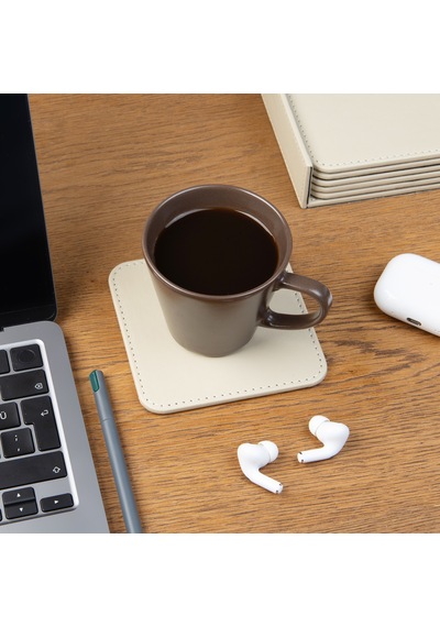 Bardak Altlığı,6 Lı Set,masaüstü Kare Cup Coaster,vegan Suni Deri,11x11 Cm.,bej