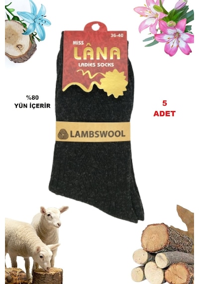 Miss Lana Ladies Socks Bayan Çorap 5 Çift Kışlık Yün Çorap Lambswool Özel Kuzu Yünlü Kadınlar İçin Termal Özellikli Siyah