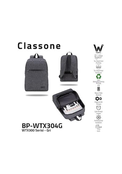 Classone BP-WTX304G 15.6" Su Geçirmez Kumaş Fermuar Notebook Sırt Çantası