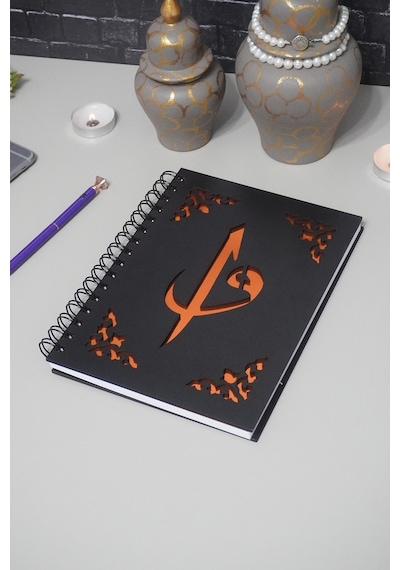A5 Notebook Elif Vav Siyah Ahşap Kapaklı Defter - Ajanda - Günlük - Dini Çizgisiz Defter - Hediyelik