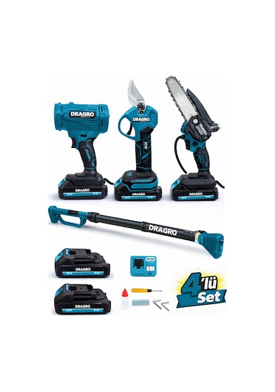 Dragro Drg4'lü Set Şarjlı Makas + Otomatik Yağlı Testere + Yaprak Üfleme + Teleskopik Kol M