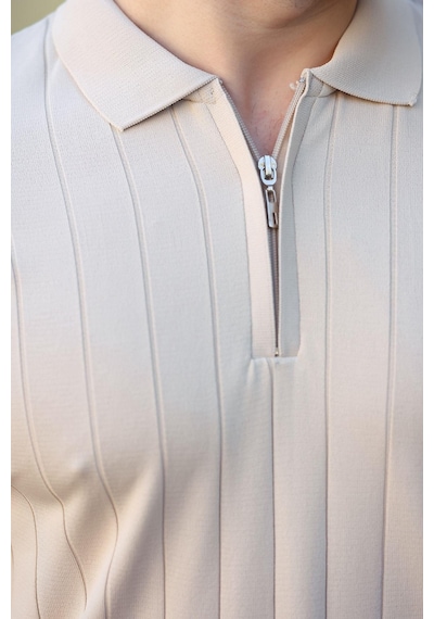 Madmext Madmext Taş Rengi Polo Yaka Fermuarlı Erkek T-shirt E7298 Taş Rengi