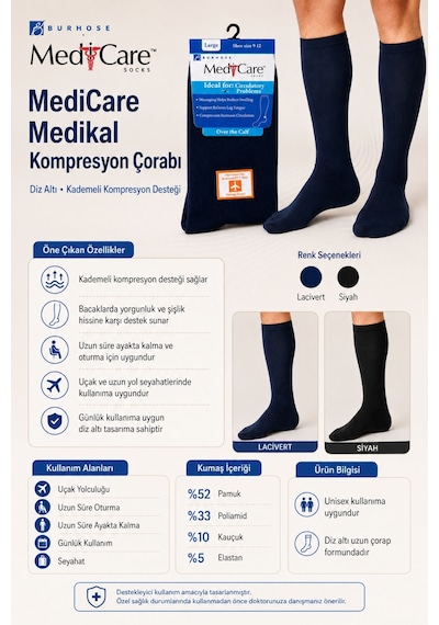 Orbis Diz Altı Erkek Medikal Kompresyon Varis Seyahat Uçak Yolculuğu Ve Uçuş Çorabı Siyah