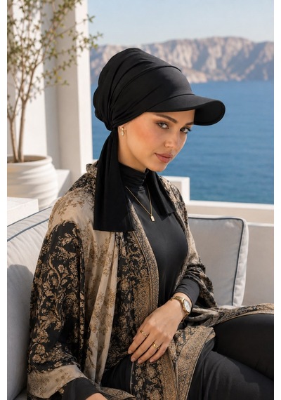 Aişe Tesettür Siyah Kepli Deniz / Havuz Kullanımına Uygun Bağcıklı Eşarp Bone