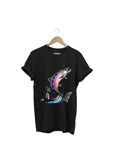 Balık Avı Baskılı Fishing Olta İle Balık Tutmak Turna Levrek Balığı Regular Fit %100 Pamuk Tişört Siyah