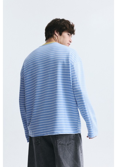 Vamos Kontrast Yaka Çizgili Sweatshirt Ekru-bebe Mavi
