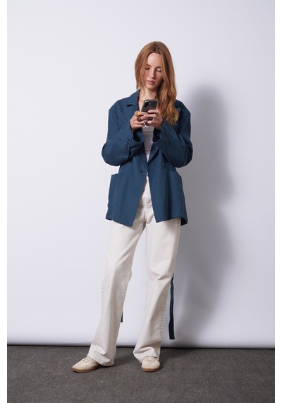 Keten Karışımlı Kuşaklı Blazer Ceket Indıgo