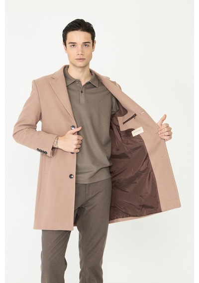 Bej Astarlı İç Cepli Kaşe Kaban Regular Fit Camel