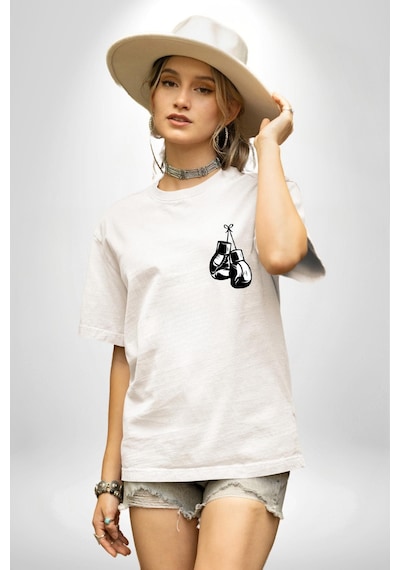 Kelebek Gibi Uçar Arı Gibi Sokarım Ali Boks Beyaz Oversize Unisex Ön Ve Sırt Baskılı Tişört Beyaz